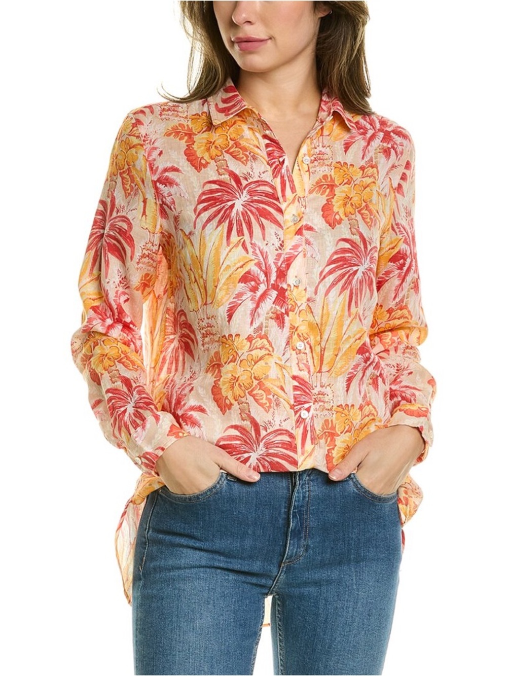 J. McLaughlin 100% Linen Britt Orange Tropical Palm Print Button Up Coastal XS